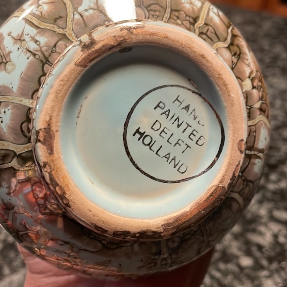 Vintage Delft Holland Hand Painted
Luster Bud Vase Brass Light Blue Grey 6” - Picture 4 of 4